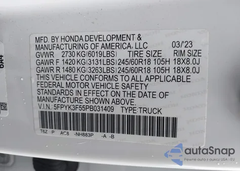 2023 Honda Ridgeline Rtl из США, поврежденный, VIN 5FPYK3F55PB031409